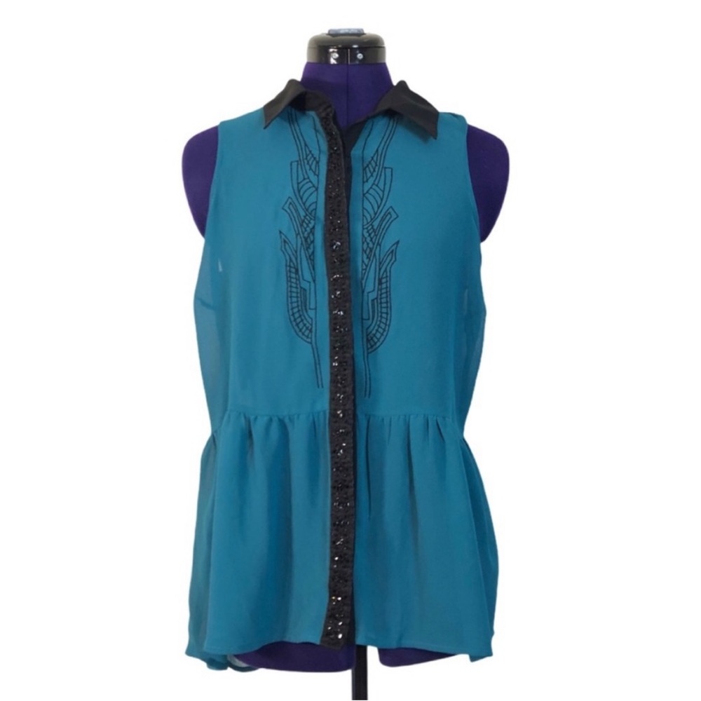 XOXO Teal Blue Black Beaded Short Sleeve Top
